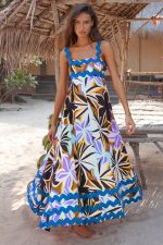 Flowers Print Wavy Pattern Suspender Long Dress For Women Fashion A-Line Beach Dresses Womens Clothing - Image 8