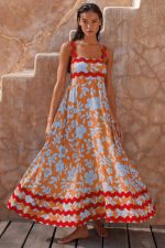 Flowers Print Wavy Pattern Suspender Long Dress For Women Fashion A-Line Beach Dresses Womens Clothing - Image 2