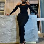 Winter Solid Color Fashion Women Clothing Off-shoulder Halter Long Thin Sunken Stripe Pencil Skirt - Image 3