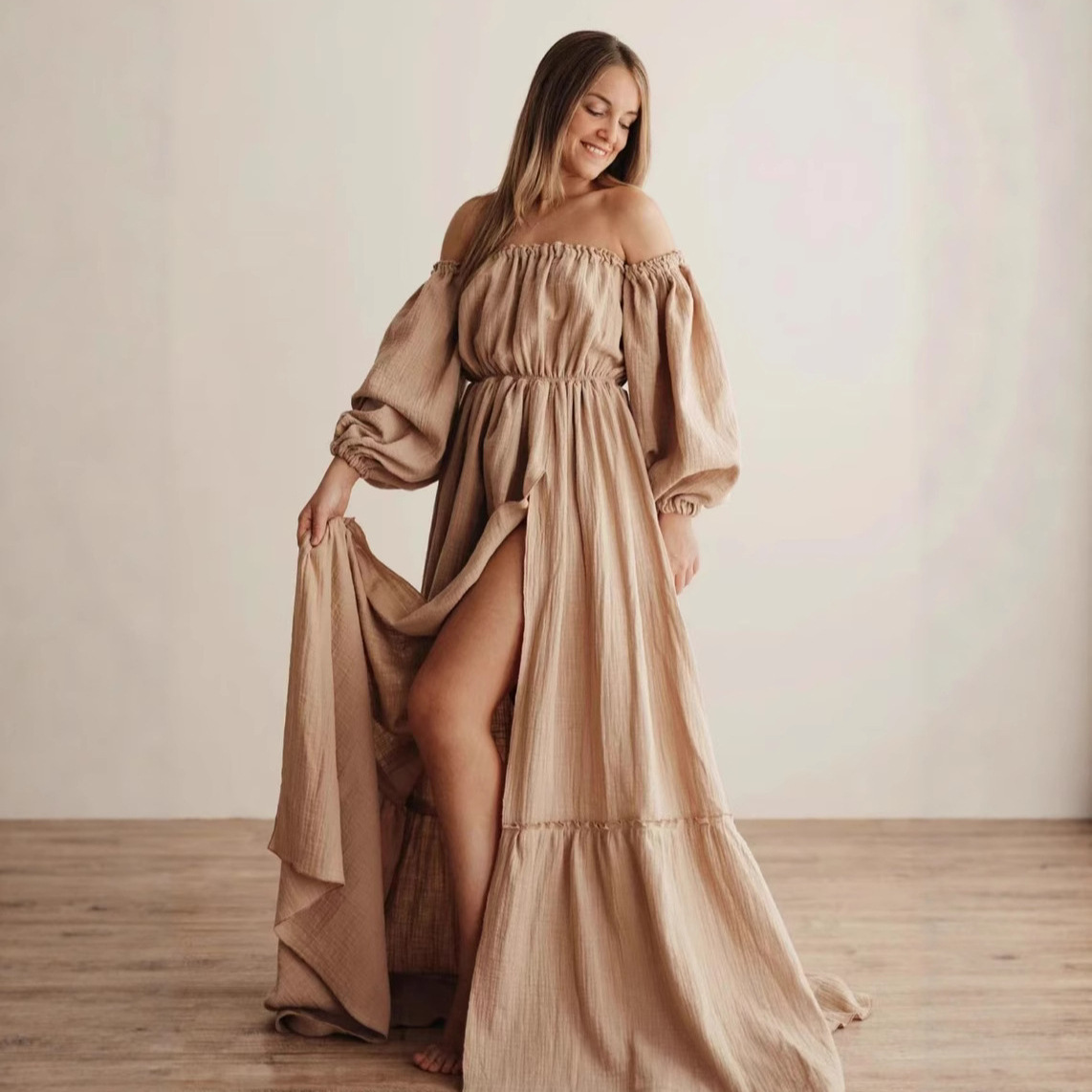 20908923-4c11-405a-b703-9d91cae24658.jpg European And American Women's Clothing Split Off-the-shoulder Puff Sleeves Pregnant Women Dress - Image 1