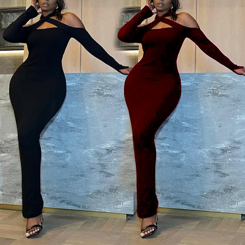 6e8e6bf6-66c5-43b9-bdf0-1190f9463f89.jpg Winter Solid Color Fashion Women Clothing Off-shoulder Halter Long Thin Sunken Stripe Pencil Skirt - Image 1