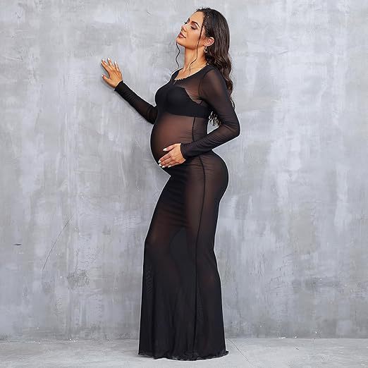7cf4204c-e99f-4710-b199-02b0364c5124.jpg Women's Clothing See-through High Elastic Net Round Neck Slim Fit Pregnant Women Mopping Dress - Image 1