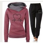 Love Heart Printed Sports Suit Hooded Sweatshirt Top And Drawstring Pants Fashion Casual Clothing For Women - Image 2