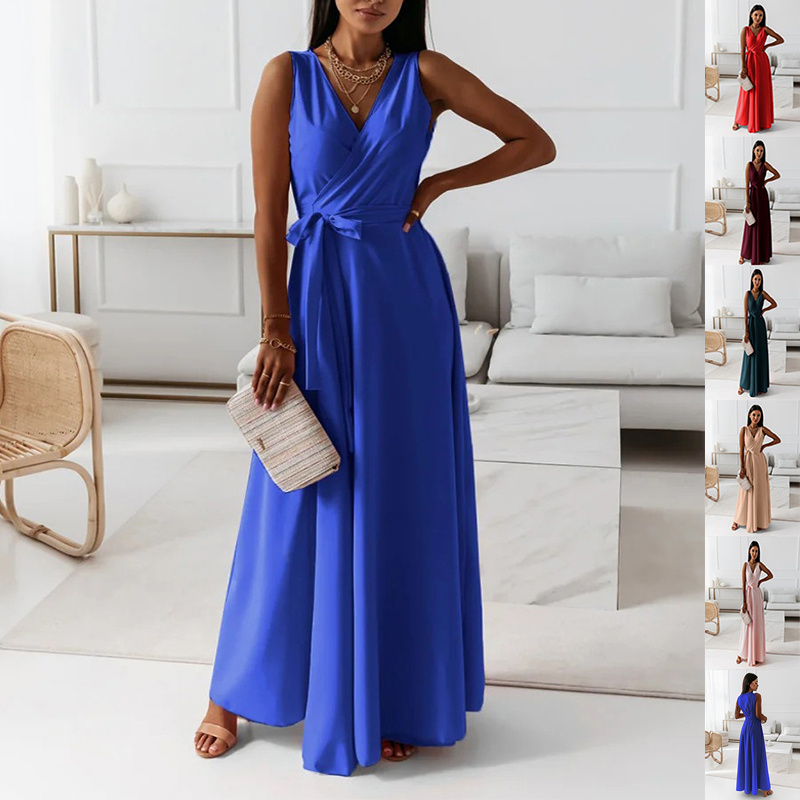 87e08236-776c-45c4-aea9-42169b452c3a.jpg V-neck Sleeveless Dress With Belt Summer Fashion Party Club Evening Maxi Dresses For Women Clothing - Image 1