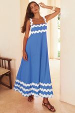 Flowers Print Wavy Pattern Suspender Long Dress For Women Fashion A-Line Beach Dresses Womens Clothing - Image 7