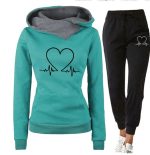 Love Heart Printed Sports Suit Hooded Sweatshirt Top And Drawstring Pants Fashion Casual Clothing For Women - Image 3