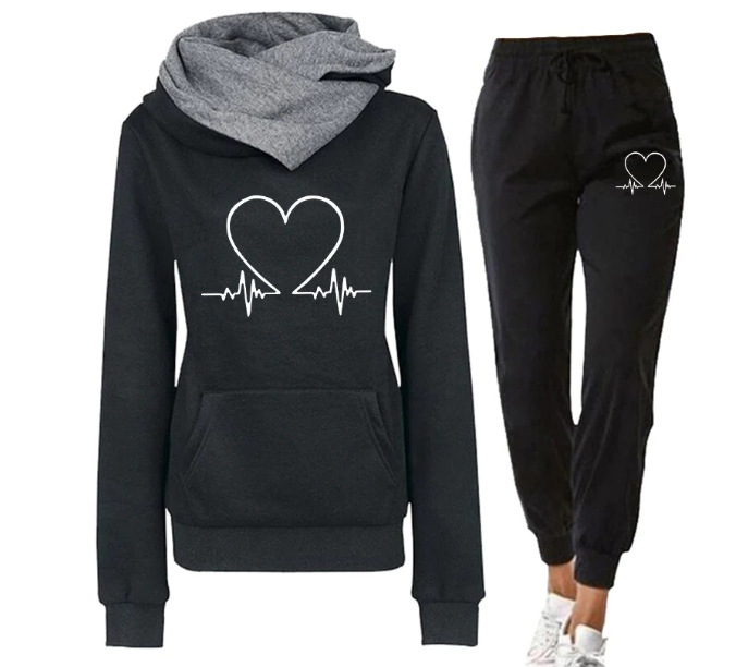 bc92c452-3c5f-46d0-9445-8065b00716e7.jpg Love Heart Printed Sports Suit Hooded Sweatshirt Top And Drawstring Pants Fashion Casual Clothing For Women - Image 1