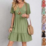 V-neck Short Sleeve Dress Summer Fashion Casual Loose Ruffled Dresses Beach Clothing Women