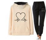 Love Heart Printed Sports Suit Hooded Sweatshirt Top And Drawstring Pants Fashion Casual Clothing For Women - Image 4