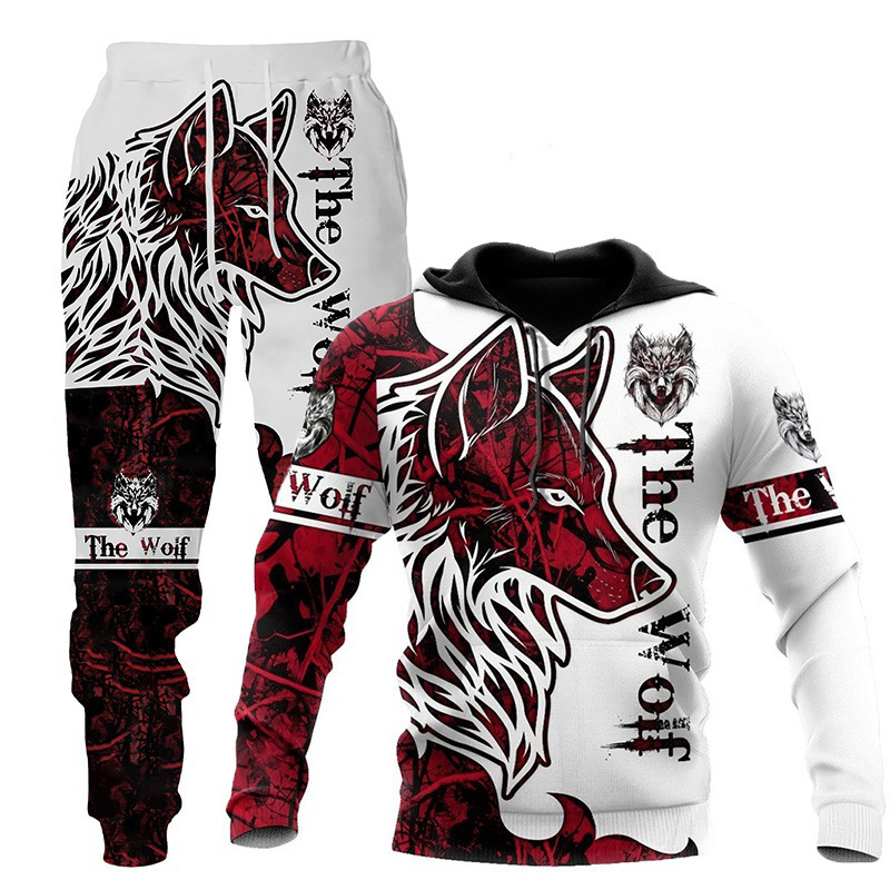 466cc901-0727-4526-a155-fddc34d8caa6.jpg 3D Wolf Print Tracksuit Men Sportswear Hooded Sweatsuit Two Piece Outdoors Running Fitness Mens Clothing Jogging Set - Image 1