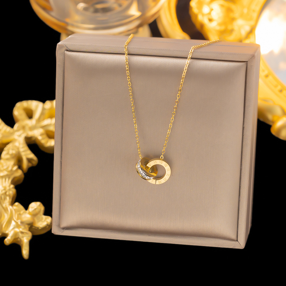 7210d4b9-6ec4-4a54-bbff-977db168fe4d.jpg Roman Numeral Double-ring Full-diamond Titanium Steel Necklace - Image 1