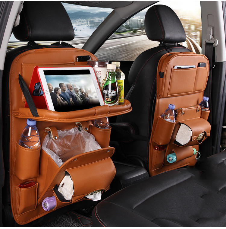 1619323043907.jpg PU Leather Car Storage Bag Multifunction Seat Back Tray Hanging Bag Waterproof Car Organizer Automotive Interior Accessories - Image 1