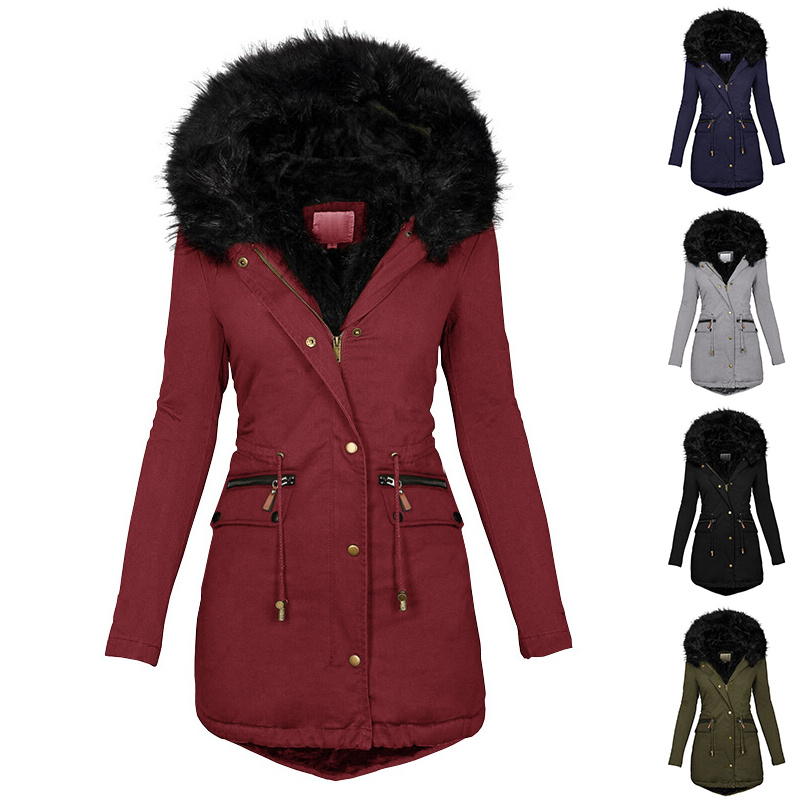 3092d8d6-80a8-45ca-ba9c-737676f85796.jpg Women's Plush Hooded Parkas Winter Warm Thick Zip-up Jackets Casual Mid-length Solid Buckle Pockets Coat Outerwear Clothing - Image 1