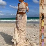 2pcs Women's Dress Suit Sexy Sleeveless Backless Cropped Halter Top And Pleated Long Skirt Beach Clothing - Image 3