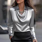Women's Swing Collar Draped Shirts & Blouses Elegant Solid Satin Office Ladies Top Pullover Spring Long Sleeve Casual Tops - Image 4