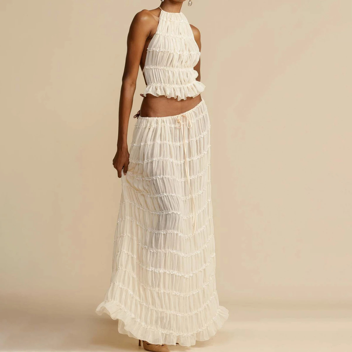 c72cdbaa-6f61-4bfe-a5a3-77ee0846a1eb.jpg 2pcs Women's Dress Suit Sexy Sleeveless Backless Cropped Halter Top And Pleated Long Skirt Beach Clothing - Image 1