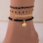 4pcs Set Bohemian Woven Rope Foot Chain For Men And Women Geometric Alloy Black Beads Dropping Oil Anklet Set Summer Fashion Jewelry - Image 3