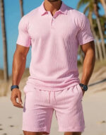 Men's Casual Beach Mesh Lapel Set Summer Comfortable Breathable Loose Solid-Color Sports Short-Sleeved Shirt And Shorts Set - Image 4