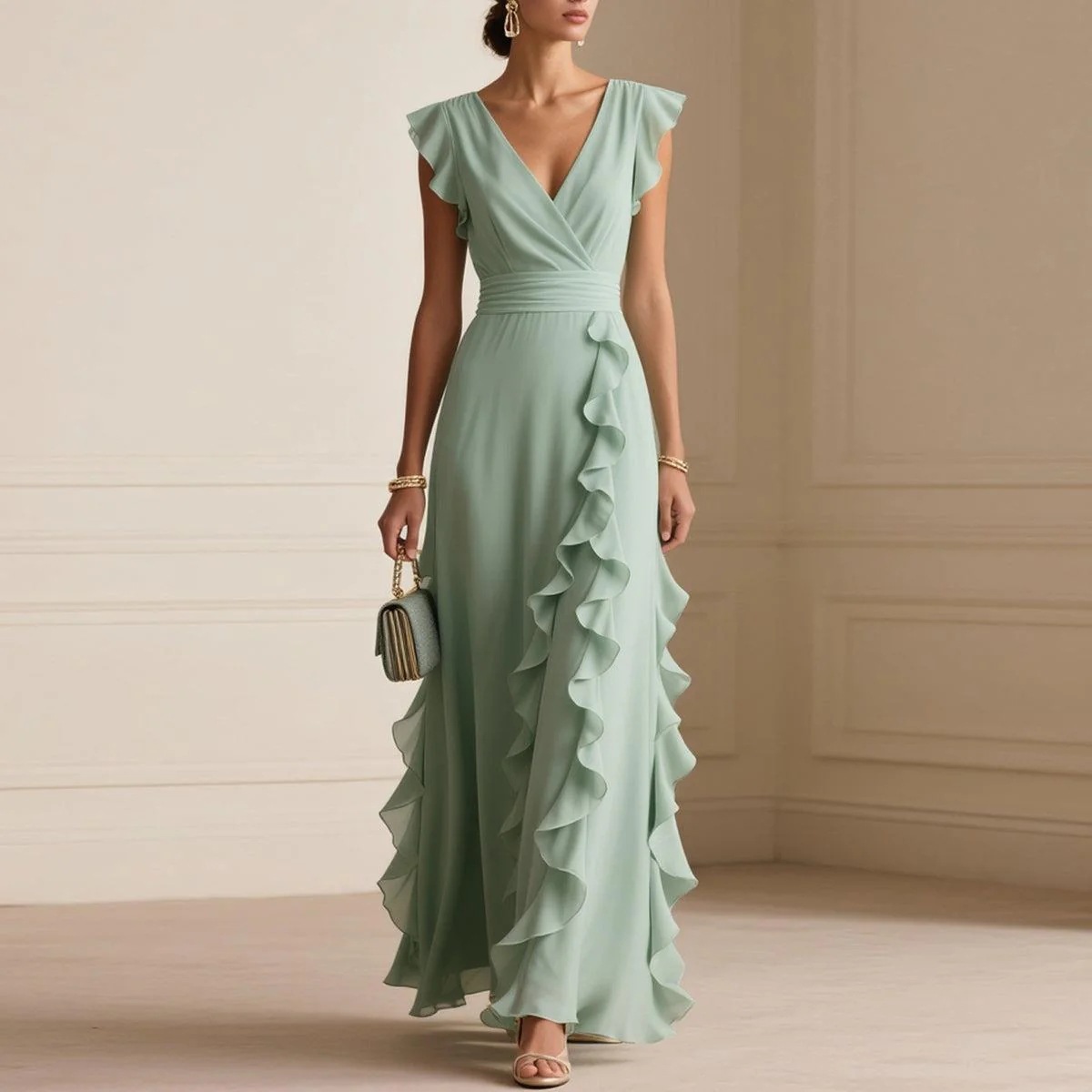 3cc59496-f530-4672-abe8-8317000802b2-1.jpg Women's Elegant Solid Color Ruffle Sleeveless Sexy V-Neck Long Dress Fashionable Bohemian Women's Party Evening Maxi Dresses - Image 1