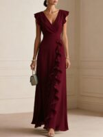 Women's Elegant Solid Color Ruffle Sleeveless Sexy V-Neck Long Dress Fashionable Bohemian Women's Party Evening Maxi Dresses - Image 3