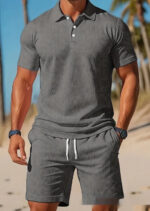 Men's Casual Beach Mesh Lapel Set Summer Comfortable Breathable Loose Solid-Color Sports Short-Sleeved Shirt And Shorts Set - Image 2