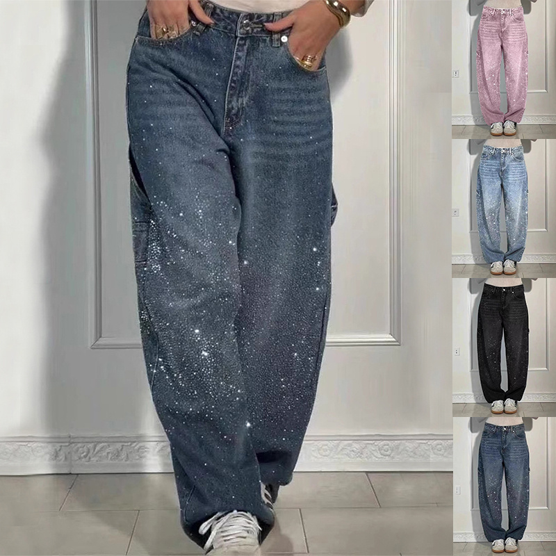 51b631fe-6bec-469b-b564-418a4898ad8f.jpg Ins Shiny Straight Jeans With Pockets Fashion Loose Wide-leg Pants For Women Street-style Trousers - Image 1