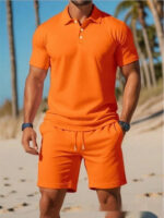 Men's Casual Beach Mesh Lapel Set Summer Comfortable Breathable Loose Solid-Color Sports Short-Sleeved Shirt And Shorts Set - Image 7