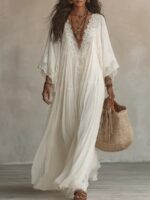 Summer Elegant Solid Dresses Womens Casual Lace Trim V Neck Flowy Maxi Dress Beach Holiday Party Maxi Dresses - Image 3