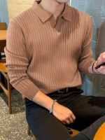 Lapel Texture Stretch Slim Knit Polo Shirt Men Polo Shirt Fashion Waffle Long-sleeved Tops Clothing Casual Comfortable Golf Men's Clothing - Image 4