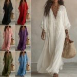 Summer Elegant Solid Dresses Womens Casual Lace Trim V Neck Flowy Maxi Dress Beach Holiday Party Maxi Dresses