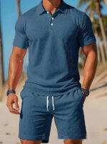 Men's Casual Beach Mesh Lapel Set Summer Comfortable Breathable Loose Solid-Color Sports Short-Sleeved Shirt And Shorts Set - Image 5