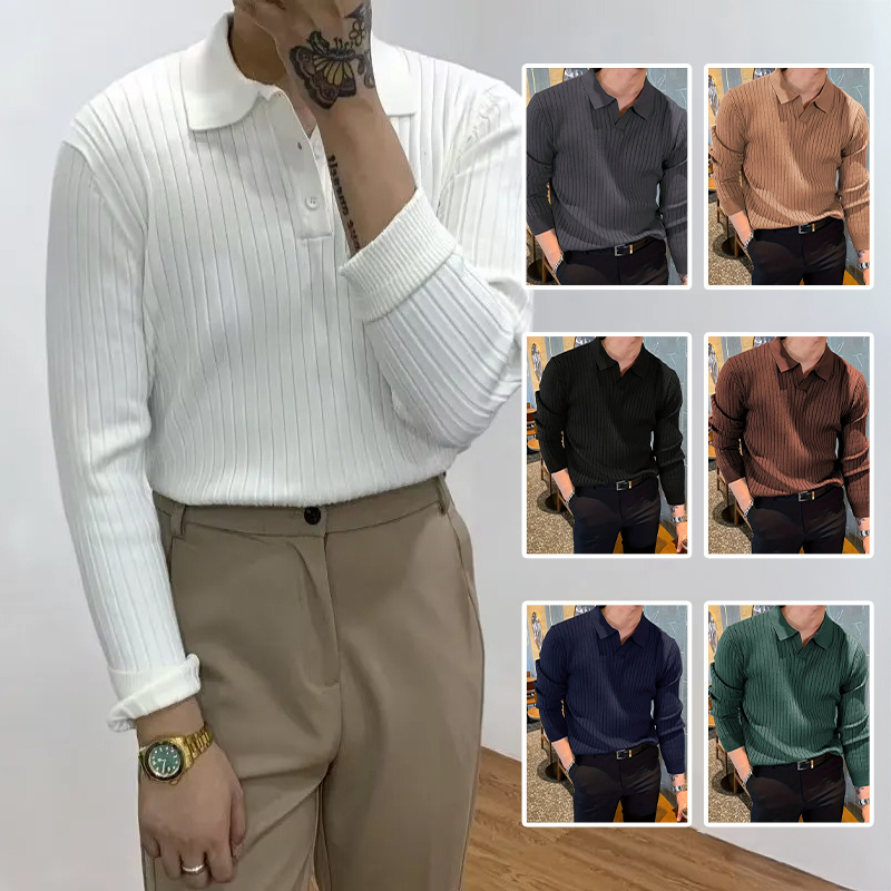 85b65d7c-cc54-4848-abb7-0e9721928d2c.jpg Lapel Texture Stretch Slim Knit Polo Shirt Men Polo Shirt Fashion Waffle Long-sleeved Tops Clothing Casual Comfortable Golf Men's Clothing - Image 1