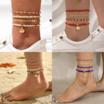 4pcs Set Bohemian Woven Rope Foot Chain For Men And Women Geometric Alloy Black Beads Dropping Oil Anklet Set Summer Fashion Jewelry - Image 2