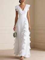 Women's Elegant Solid Color Ruffle Sleeveless Sexy V-Neck Long Dress Fashionable Bohemian Women's Party Evening Maxi Dresses - Image 4