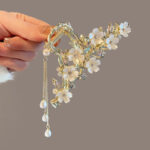 Large Metal Pearl Bell Orchid Tassel Hair Clip - Image 4