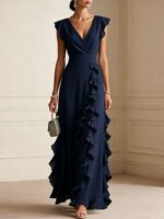 Women's Elegant Solid Color Ruffle Sleeveless Sexy V-Neck Long Dress Fashionable Bohemian Women's Party Evening Maxi Dresses - Image 5