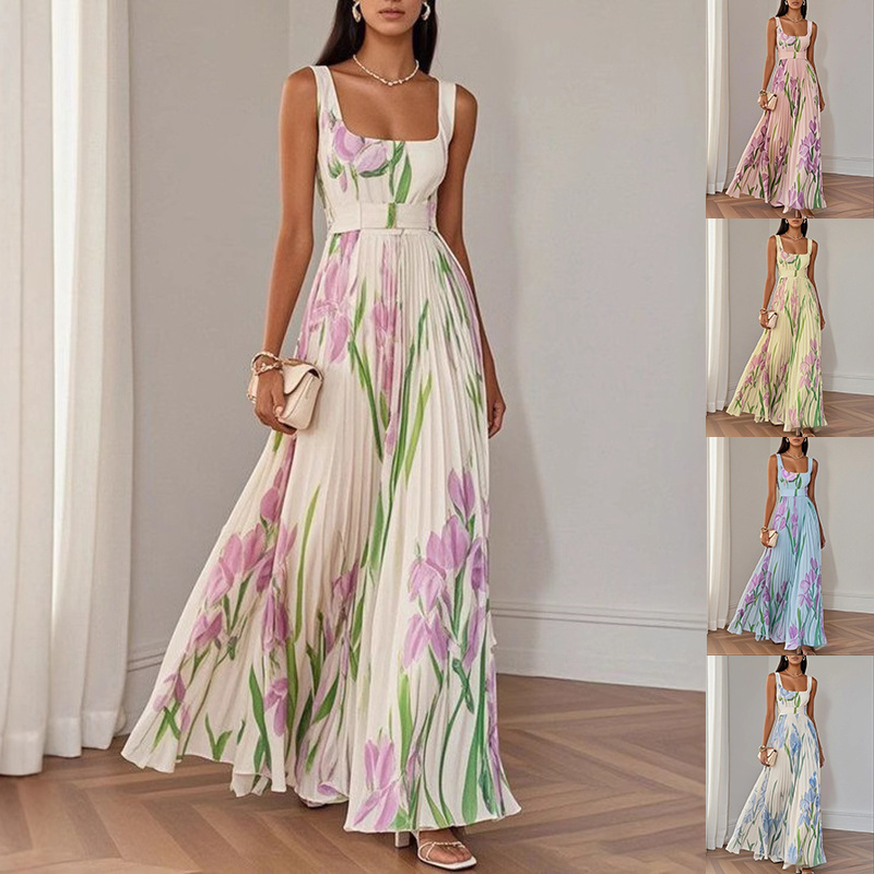 dfe8f8ee-4eef-4903-9a21-731d41d61796.jpg Floral Print Pleated Dress Summer A-Line Sleeveless Midi Dresses Women's Clothing - Image 1