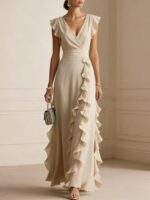 Women's Elegant Solid Color Ruffle Sleeveless Sexy V-Neck Long Dress Fashionable Bohemian Women's Party Evening Maxi Dresses - Image 6