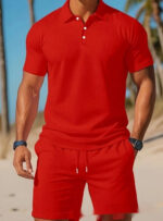 Men's Casual Beach Mesh Lapel Set Summer Comfortable Breathable Loose Solid-Color Sports Short-Sleeved Shirt And Shorts Set - Image 3