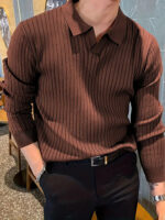 Lapel Texture Stretch Slim Knit Polo Shirt Men Polo Shirt Fashion Waffle Long-sleeved Tops Clothing Casual Comfortable Golf Men's Clothing - Image 6