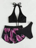 3pcs Leaf Print Bikini With Shorts Fashion Summer Beach Swimsuit Womens Clothing - Image 7
