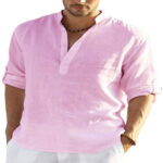 Men's Casual Cotton Linen Solid Color Long Sleeve Shirt Loose Stand Collar - Image 6