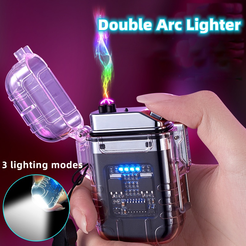 0f7c7ea0-3cf4-4979-928d-f795ab455234.jpg Transparent Shell Double Arc Lighter Waterproof And Windproof Outdoor Lighter Lighting Multi-purpose Electronic Cigarette Lighter - Image 1