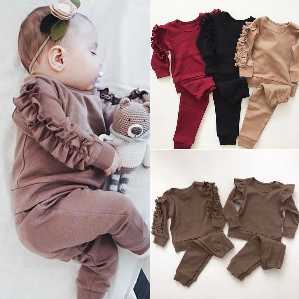 1811095836217-1.jpg Newborn Baby Boys Girls Ruffles Jumper Solid Long Sleeve Sweatshirt Tops Pants Infant Kids 2Pcs Outfits Clothes Set Fall Clothes - Image 1