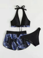 3pcs Leaf Print Bikini With Shorts Fashion Summer Beach Swimsuit Womens Clothing - Image 6