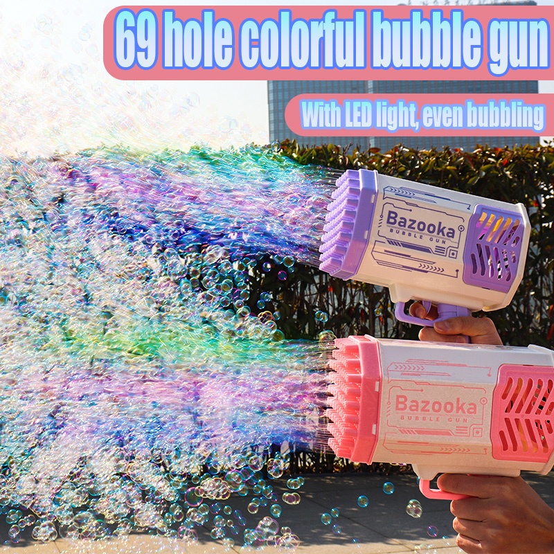 3122e63c-aee9-4994-a701-5c226db94932.jpg Bubble Gun Rocket 69 Holes Soap Bubbles Machine Gun Shape Automatic Blower With Light Toys For Kids Pomperos - Image 1