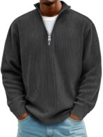 Corduroy Zipper Stand Collar Sweatshirt Fashion Warm Solid Color Long Sleeve Top Men's Casual Polo Shirt Clothing - Image 5