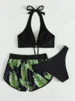 3pcs Leaf Print Bikini With Shorts Fashion Summer Beach Swimsuit Womens Clothing - Image 4