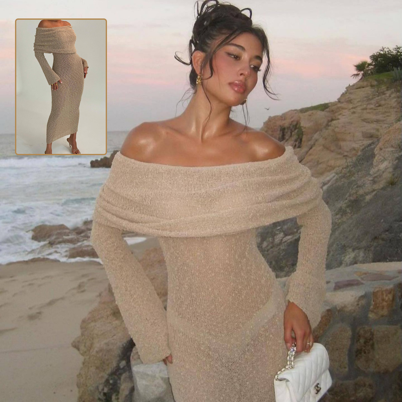 742da135-9b0b-4646-827a-cc10692c3184.jpg New One-shoulder Knitted Long-sleeved Dress Sexy Beach Holiday Long Dresses Womens Clothing - Image 1
