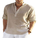 Men's Casual Cotton Linen Solid Color Long Sleeve Shirt Loose Stand Collar - Image 3